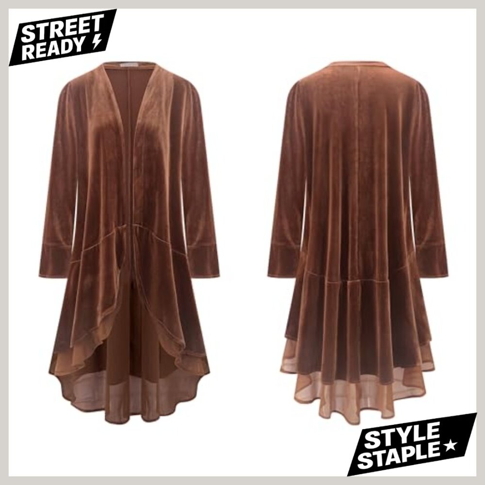 Long Velvet Blazer Coat with Ruffled Asymmetric Hem, Loose Fit - Picture 4 of 6